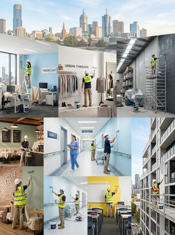 Composite image of painters working across office, retail, industrial, healthcare, and residential spaces.