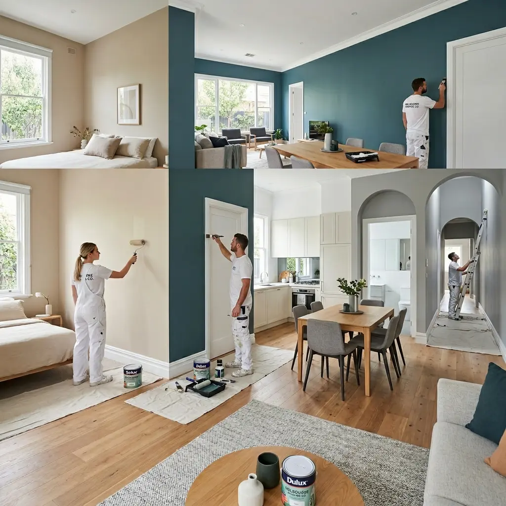Multiple freshly painted rooms showing different finishes and professional painting in progress