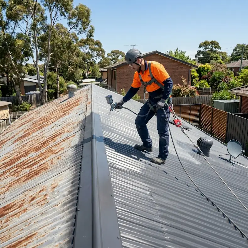 Professional roof painters Melbourne painting a roof.