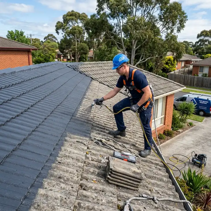 A worker in a blue hard hat and safety gear sprays paint on a roof. 