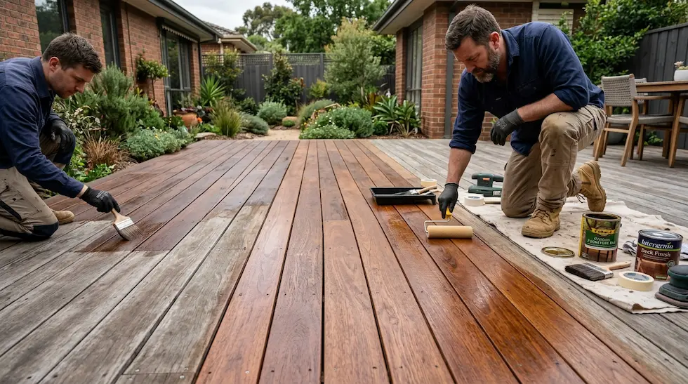 Professional applying premium deck oil to deck in melbourne