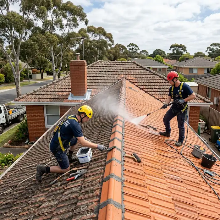 Two workers in safety gear clean a red-tiled roof. One sprays water, while the other scrubs.