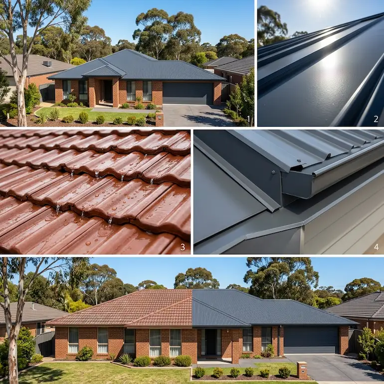 Collage showing a brick house with metal and tiled roofs.