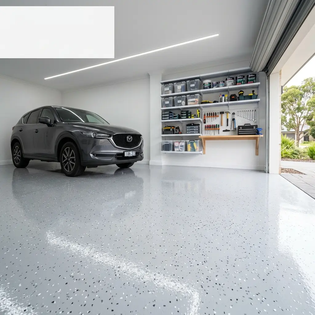 Photorealistic Melbourne home garage with glossy grey flake epoxy floor, clean walls, SUV parked inside, and organized tools reflecting on the smooth sealed surface.