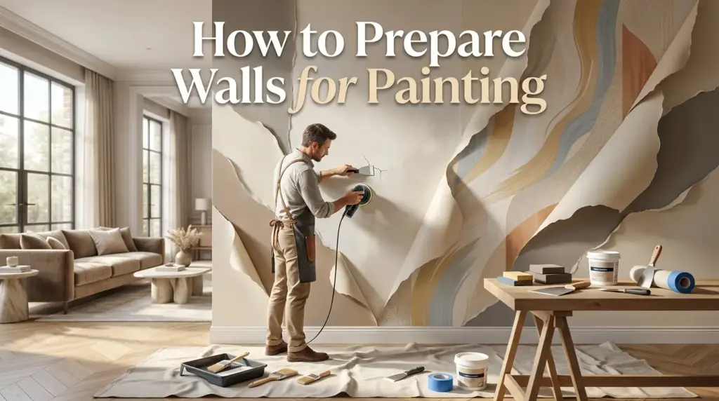 How to Prepare Walls for Painting: Simple Guide By Experts 1 Professional preparing walls for painting with a creative reveal-style background.
