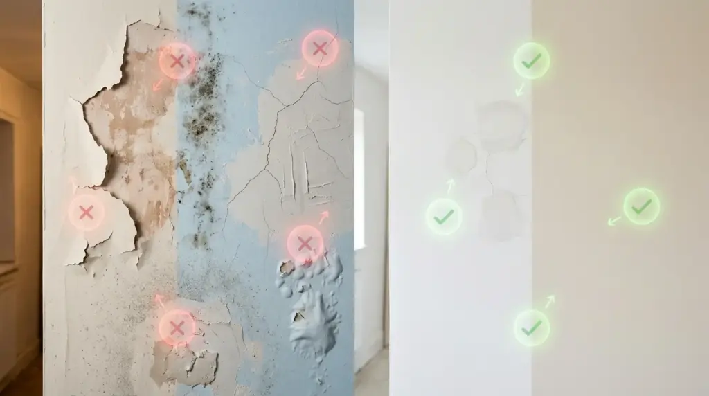 How to Prepare Walls for Painting: Simple Guide By Experts 3 Split-screen comparison showing poor walls preparation versus proper preparation before painting.